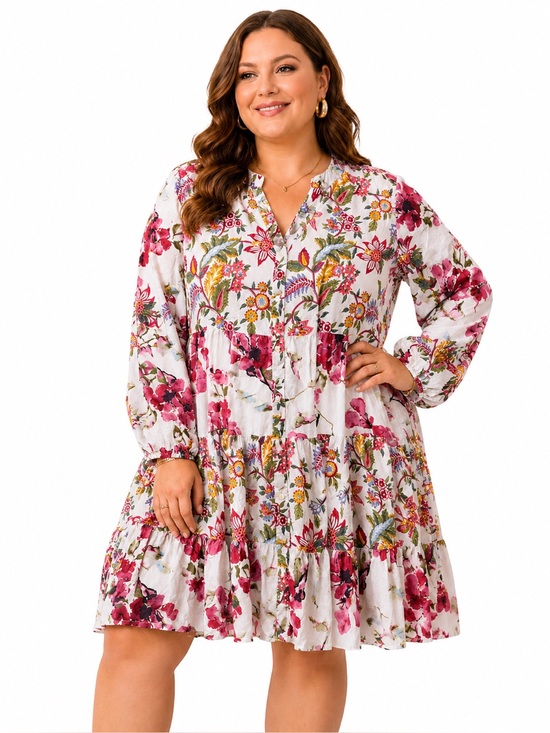 Dress Addict Dresses & Skirts - Dress Addict Plus Size Floral Tiered Mini Dress in Pink